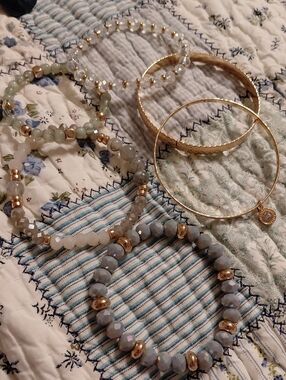 Gold and Gray Beaded Stackable Bracelet Set